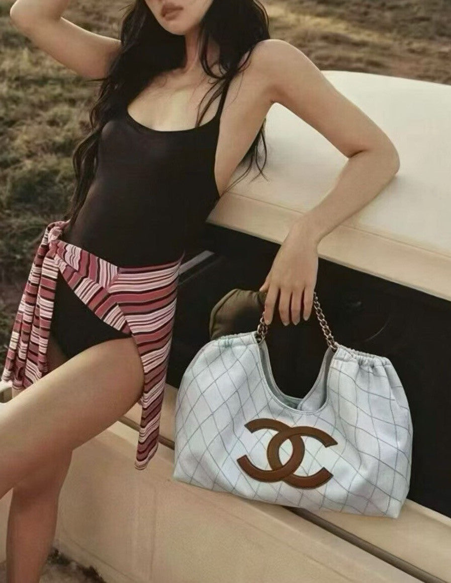 Chanel 26M Coco Beach Tote Bag In Blue Lightweight Yet Spacious With A Chain Strap That Can Be Worn Over The Shoulder Or Carried By Hand Bags Lady #197129