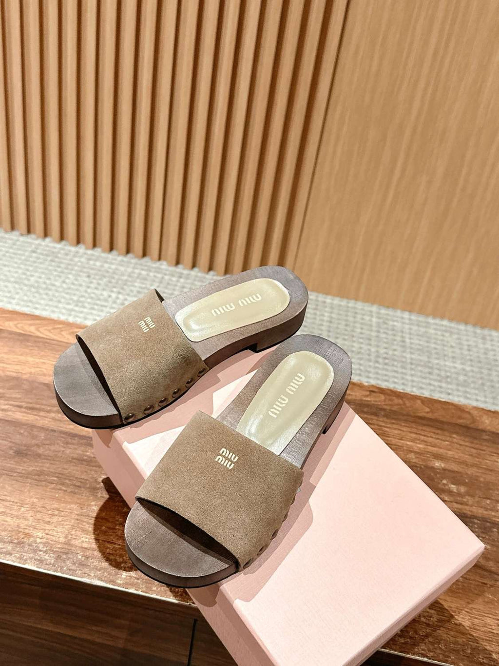 MiuMiu Women's Summer Fashion Casual Round Toe Slip On Suede Leather Wooden Sole Sandals Shoes #78432