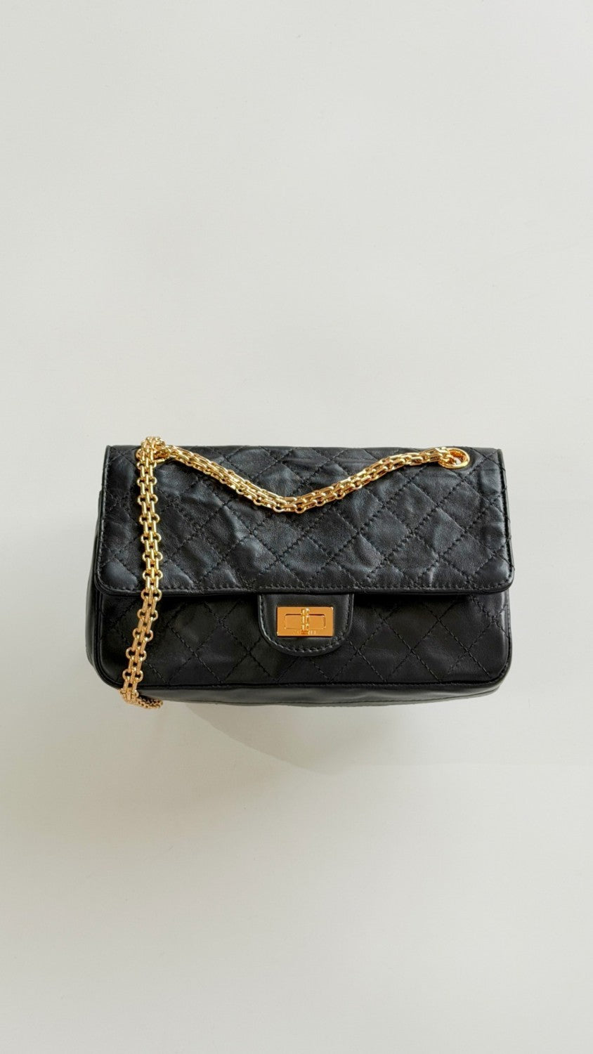 CHANEL 2.55 Handbag Lambskin Gold-tone Metal Black #377244