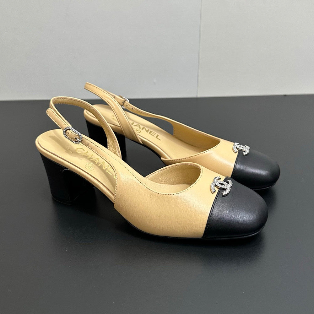 Chanel 6cm Heel Height Double C Thick Heel Back Hollow Color Block Stitching High Heel Sandals #333238