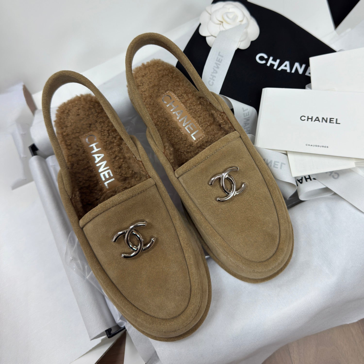 Chanel Women's Fall/Winter Casual Round Toe Slip On Teddy Fur Logo Flat Mules Shoes #79254