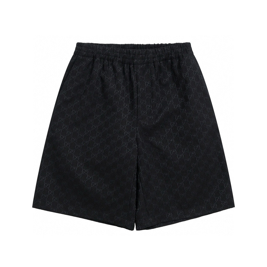 Gucci Men's Summer Black Full Printed Linen Short Sleeve Lapel Cotton Shirt Stretch Shorts Suit Set #98562