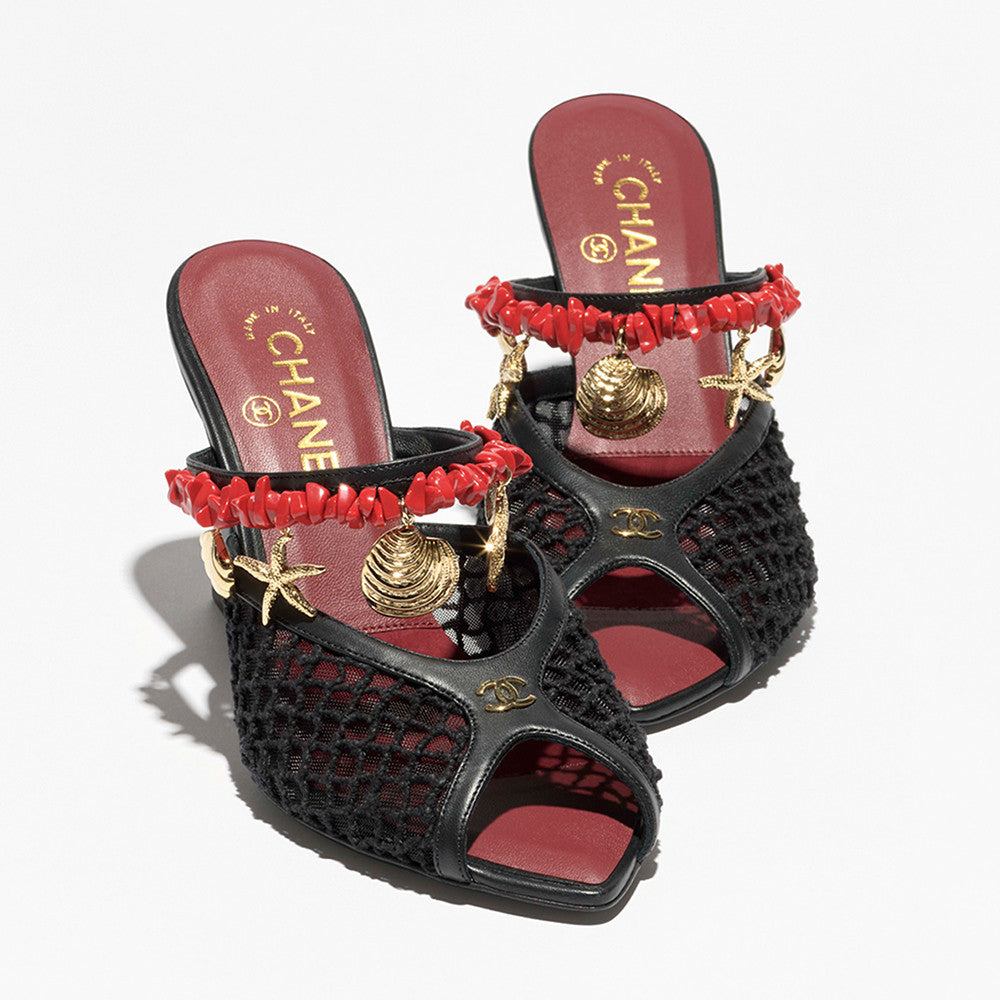 CHANEL Mules Mesh Cotton Lambskin Resin Metal Black #382390