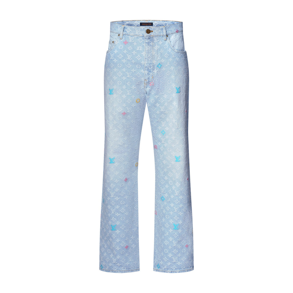 Louis Vuitton Men's Autumn And Winter Light Blue Logo Letters Embroidered Lapel Single Breasted Long Sleeved Denim Jacket Pocket Jeans Pants Set Suit #99427