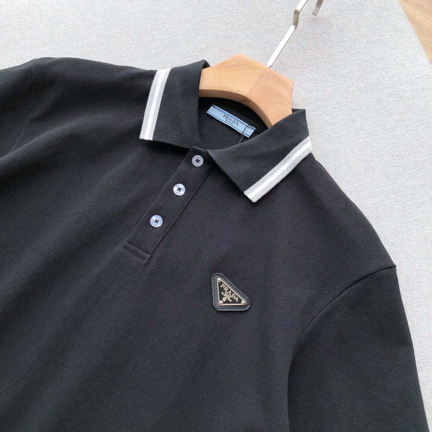 Prada Men's Summer Logo Colorblocked Lapel Cotton Short Sleeve Straight Polo Shirt #81275