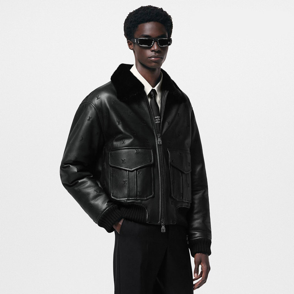 Louis Vuitton Men's Fall/winter Pilot Drawstring Jacket Solid Color Logo Jacquard Hair Collar Colorblocking Leather Jacket #71553