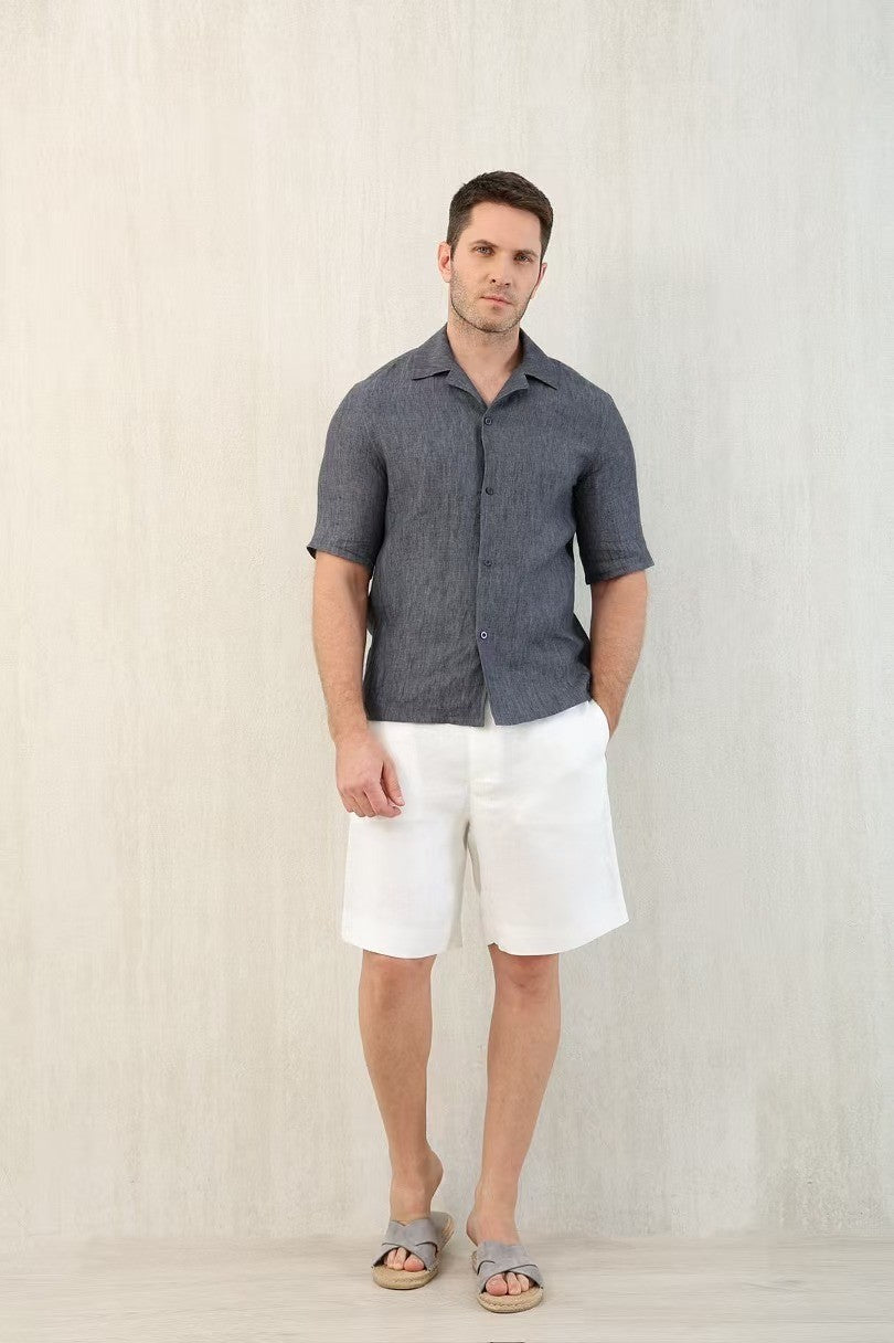Brunello Cucinelli Men's Linen Loose Summer Single-Breasted Solid Color Lapel Short Sleeve Shirt Ngvp #1454