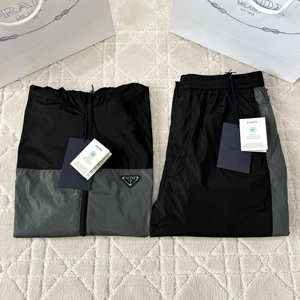 Prada Men's Spring/summer Fashion Casual Color Block Logo Badge Zipper Hooded Elastic Waist Loose Jacket Striped Patchwork Loose Cuffs Casual Pants Nylon Fabric Suit Set #78355