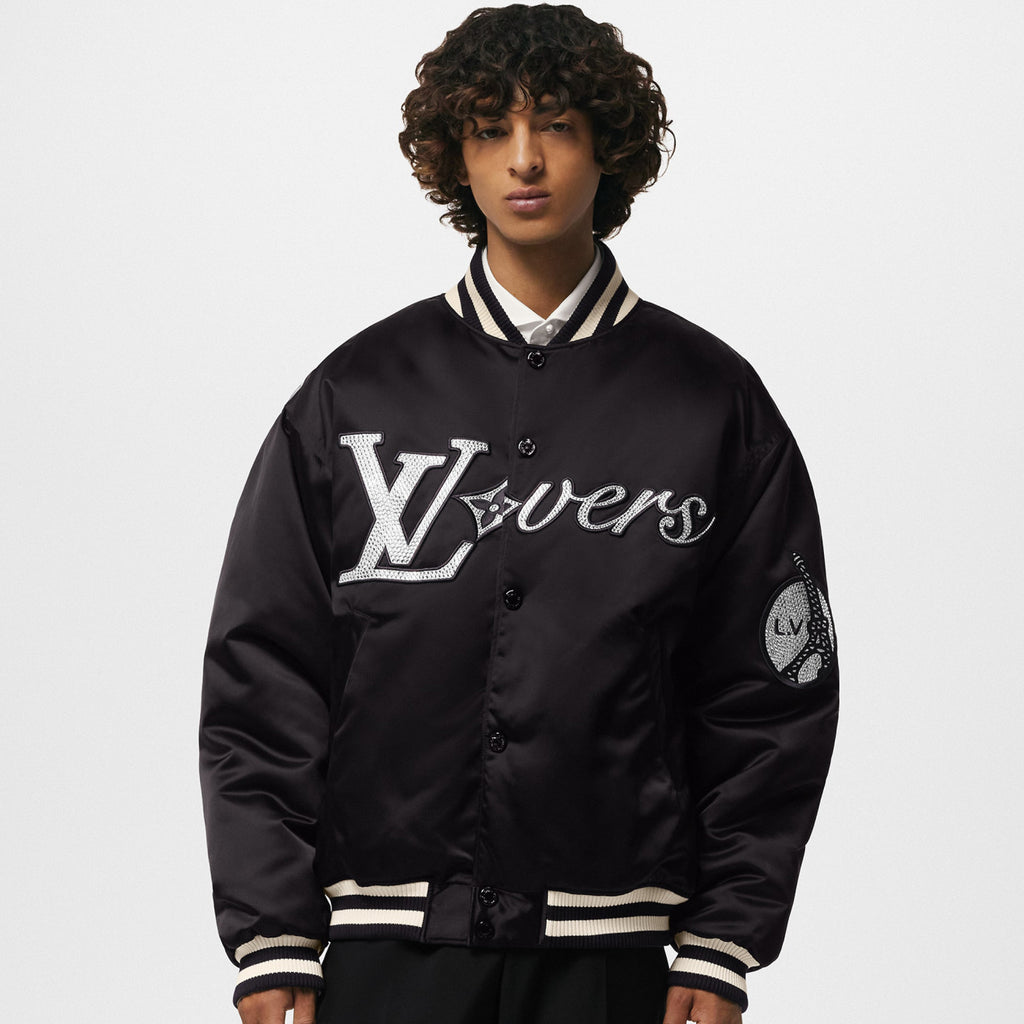 Louis Vuitton Men's Spring and Fall Black Striped Letter Single Breasted Jacket Embroidered Nylon Baseball Blouson #98379