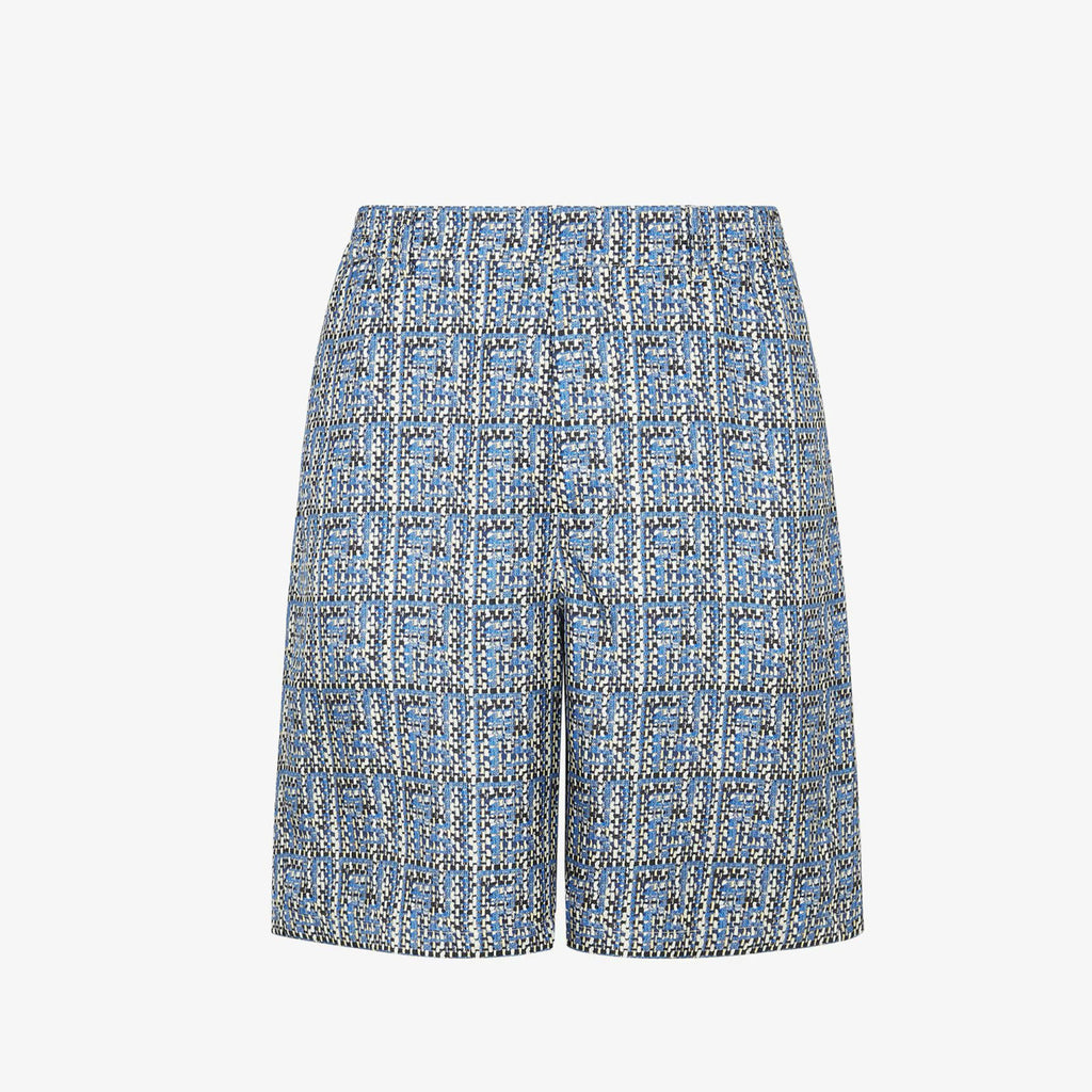 Fendi Men's Summer Blue Ff Full Print Single-Breasted Short-Sleeved Silk Shirt Casual Elastic Waist Fitted Shorts Ngvp #8663