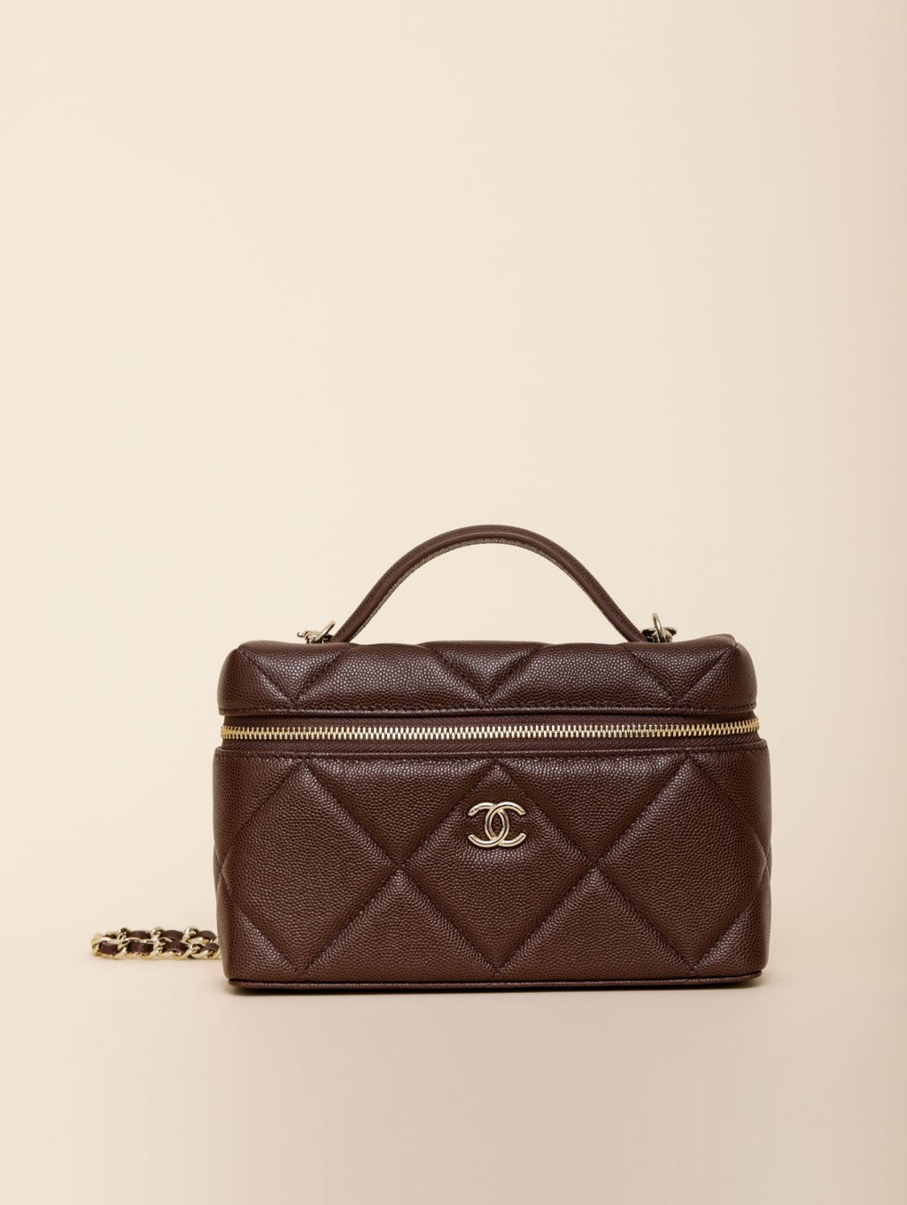 Chanel Chain Dressing Table Grained Shiny Calfskin with Gold Metal Dark Brown Fashion #332778