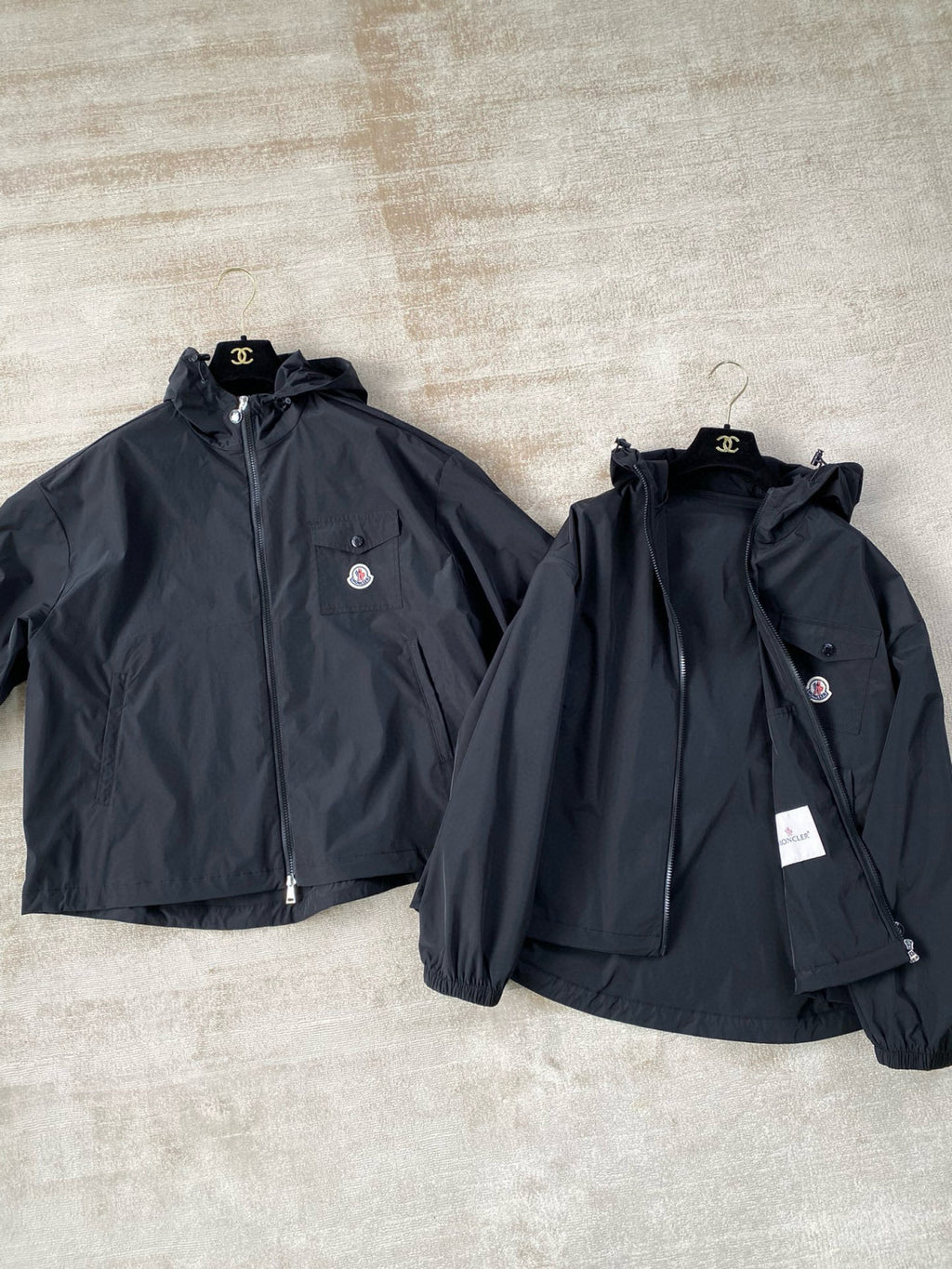 Moncler Men's Spring and Fall Black Logo Patch Straight Long Sleeve Zipper Hooded Lightweight Jacket #98779