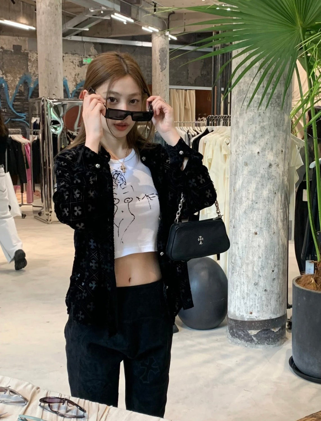 Chrome Hearts Women's Summer Fashion Hollow Cross Black Velvet Single Breasted Long Sleeved Shirt #99825