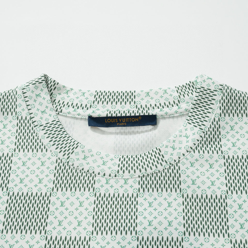 Louis Vuitton Men's Green Checkerboard Graphic Crew Neck Cotton Short Sleeve T-Shirt #99471