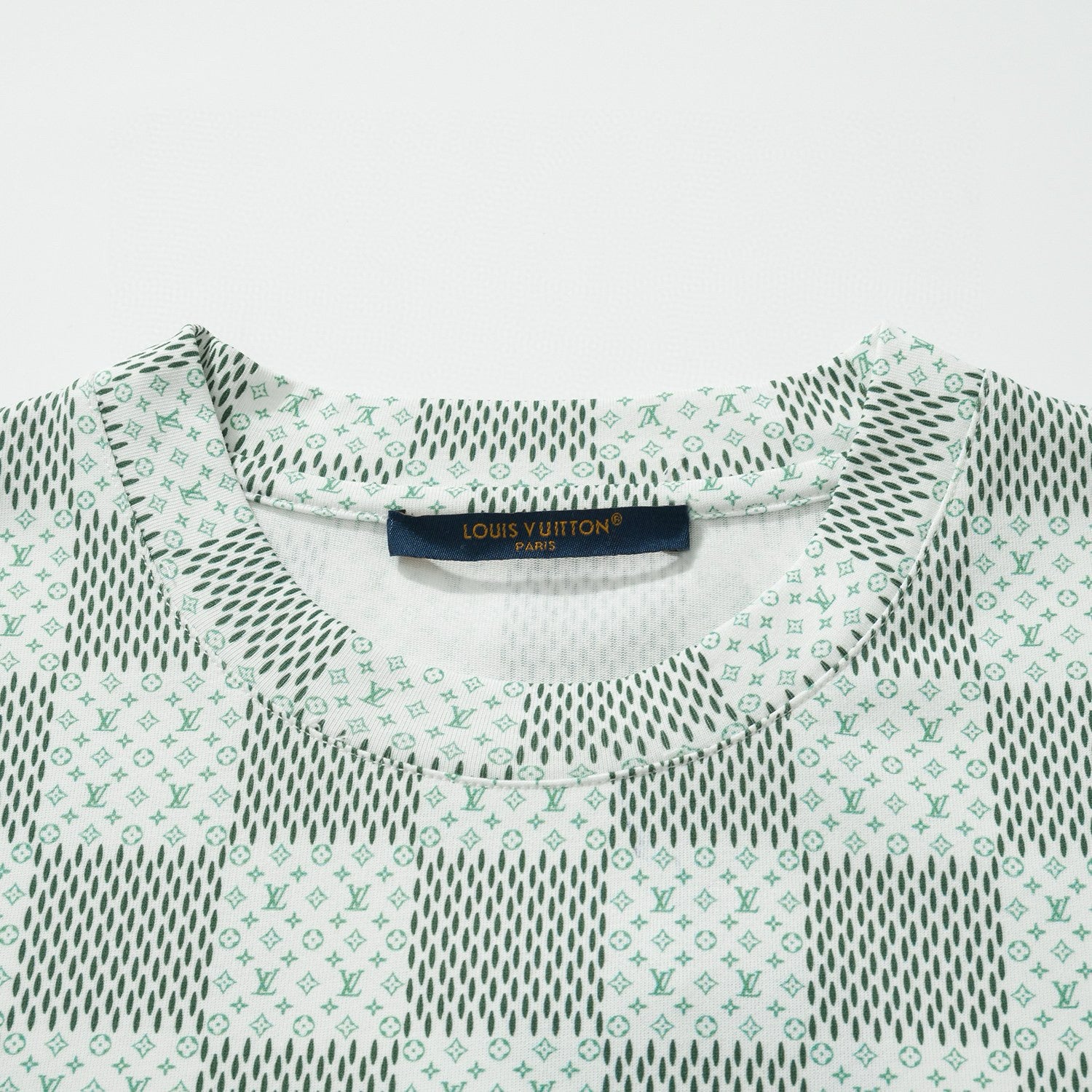Louis Vuitton Men's Green Checkerboard Graphic Crew Neck Cotton Short Sleeve T-Shirt #99471