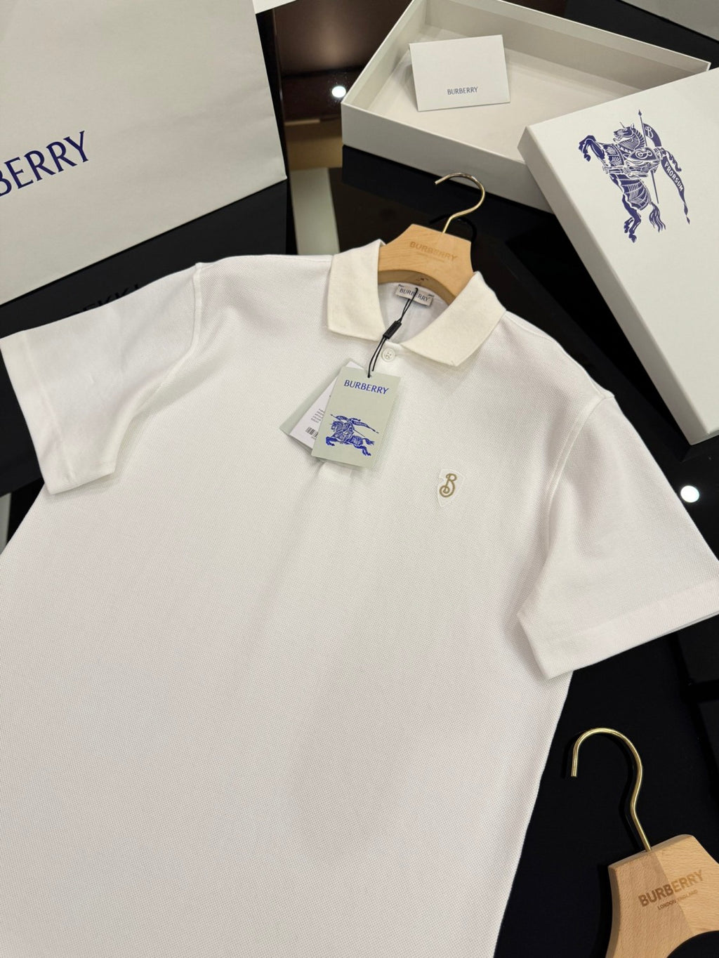 Burberry Men's Summer Solid Color Embroidered Logo Pearl Cotton Polo Neck Short Sleeve T-Shirt #77826