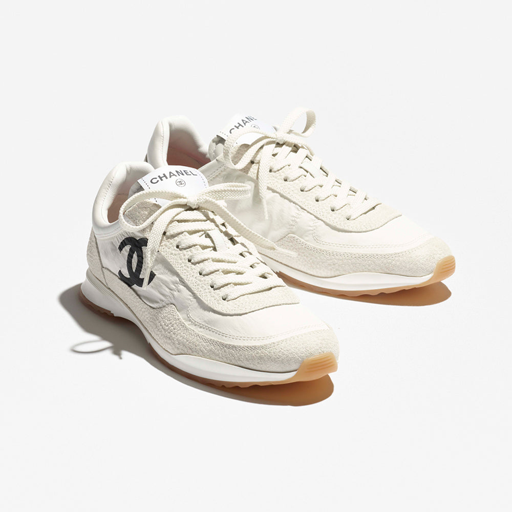 Chanel Sneakers Fabric Embossed Suede Calfskin White Black #379143