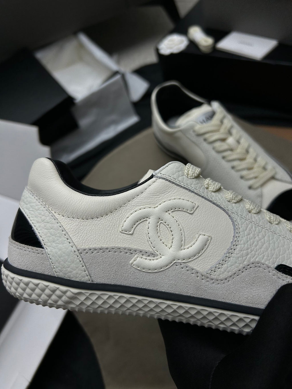 Chanel Women's Spring/Fall Fashion Casual Round Toe Lace Up Two Tone Flat Low Top Lychee Grain Cowhide Patent Leather Slip On Sneakers Shoes #79295