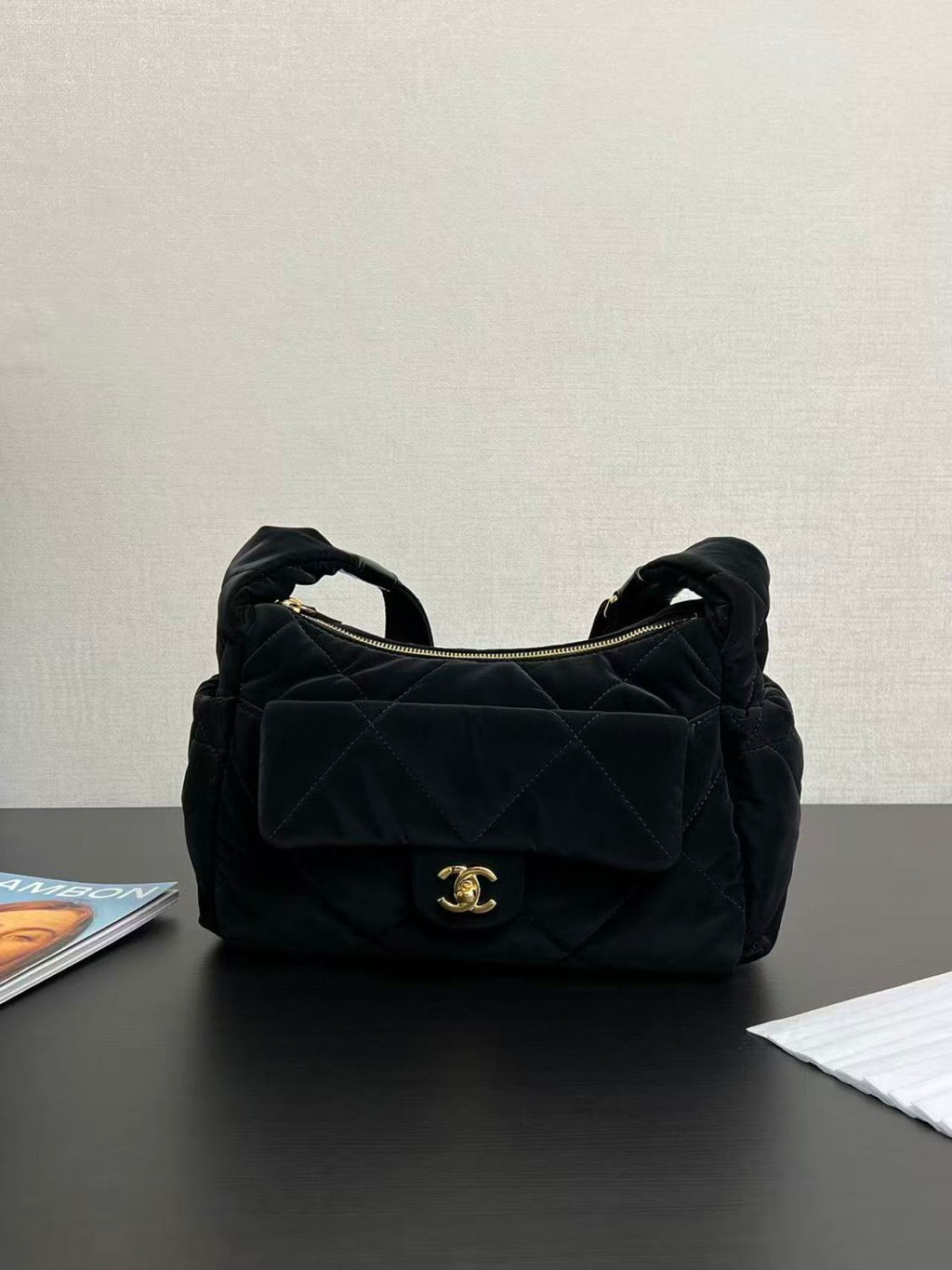 Chanel Large Bowling Bag With Velvet Effect Nylon And Gold Metal Logo Women's And Men's Fashionable Fall/winter Black Crossbody Bags #81986A