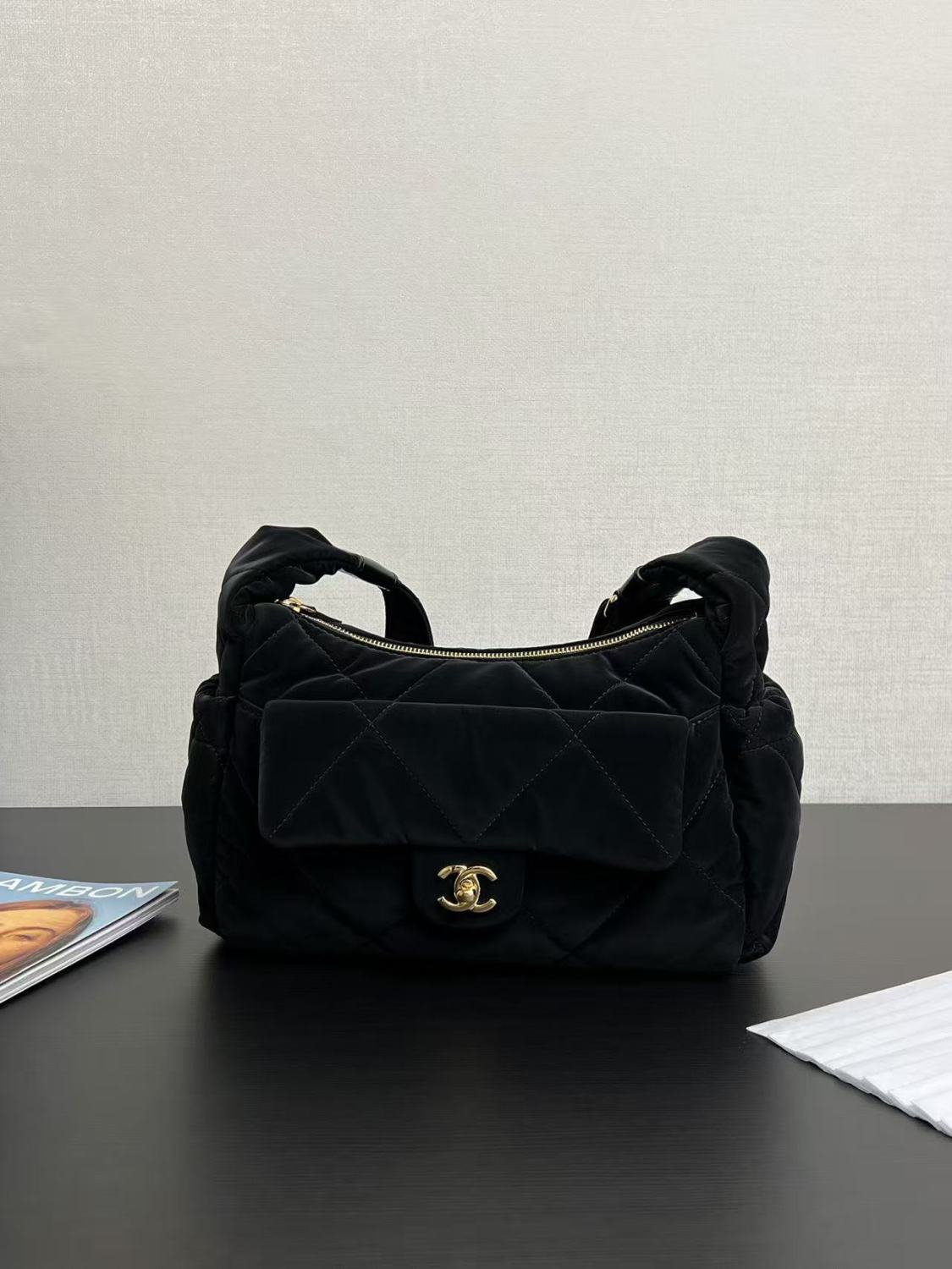 Chanel Large Bowling Bag With Velvet Effect Nylon And Gold Metal Logo Women's And Men's Fashionable Fall/winter Black Crossbody Bags #81986A
