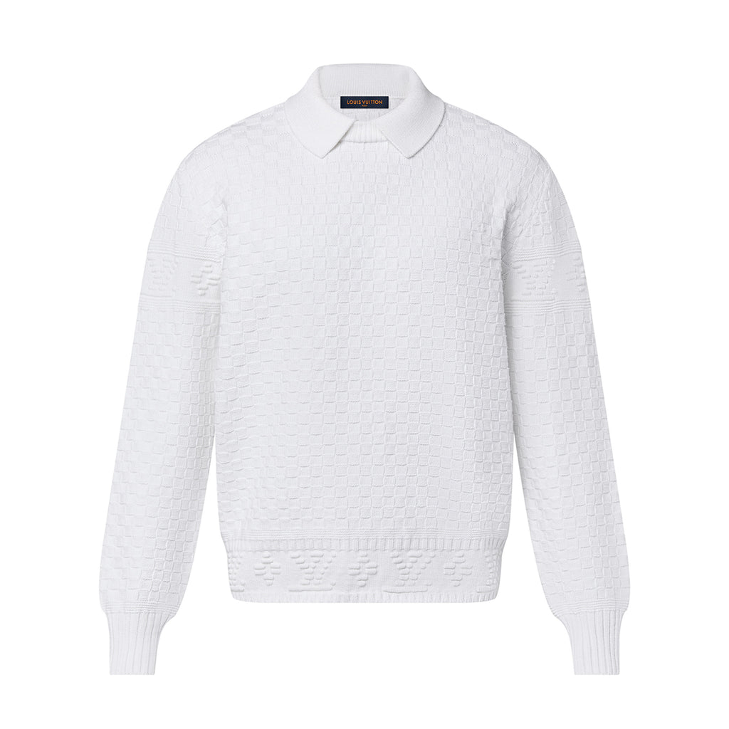 Louis Vuitton Men's Autumn/Winter White Lapel Knit Sweater LV Damier Wool Blend Pullover #97613