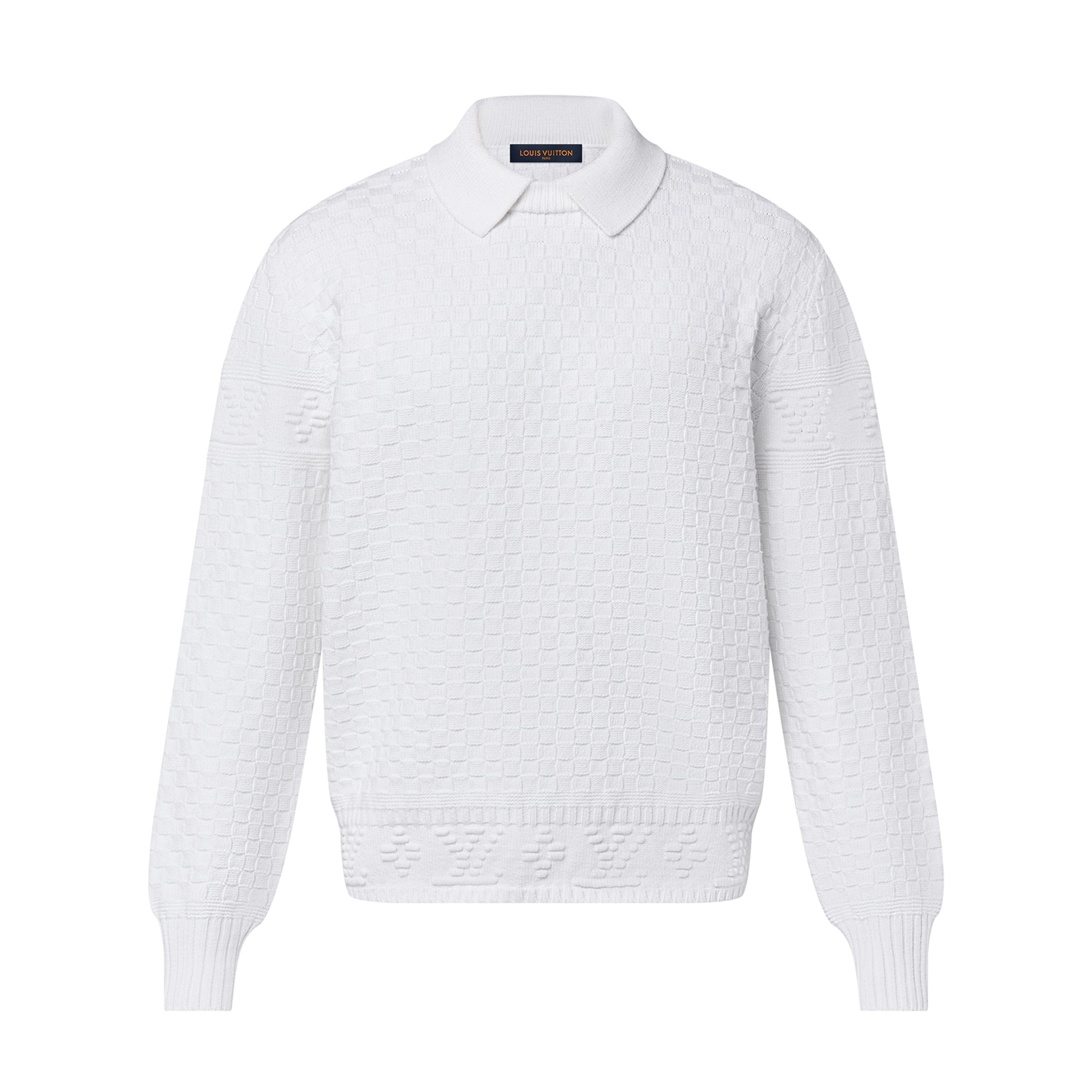 Louis Vuitton Men's Autumn/Winter White Lapel Knit Sweater LV Damier Wool Blend Pullover #97613