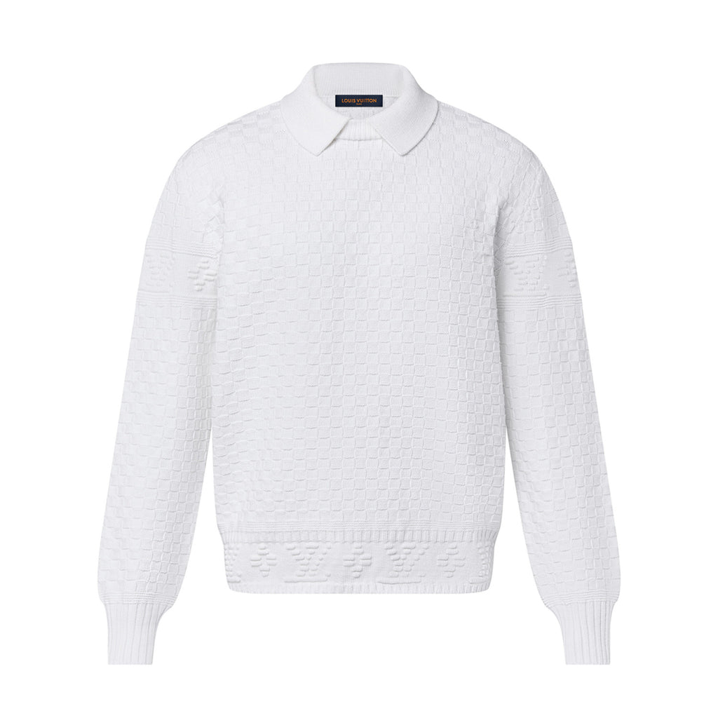 Louis Vuitton Men's Autumn/Winter White Lapel Knit Sweater LV Damier Wool Blend Pullover #97613
