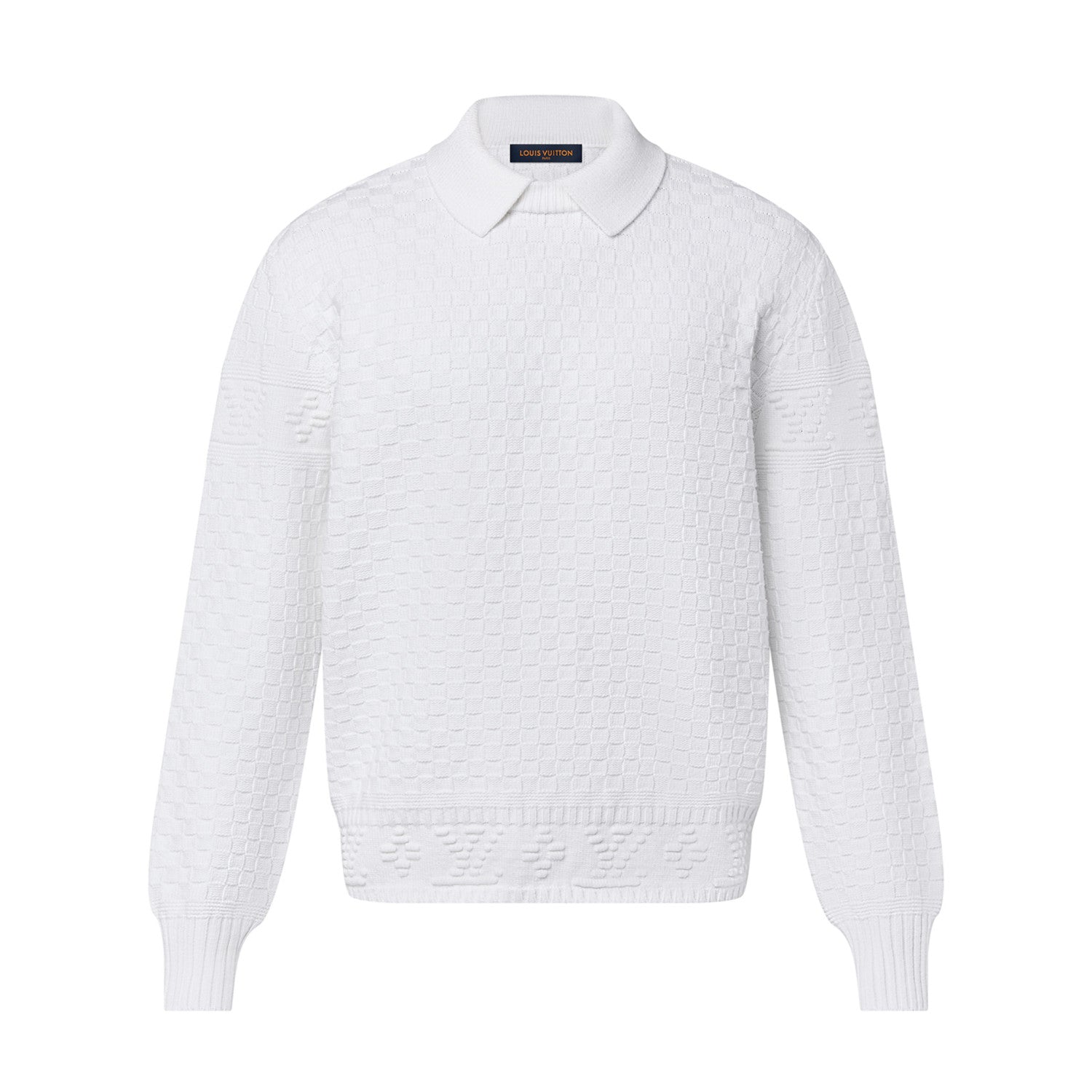Louis Vuitton Men's Autumn/Winter White Lapel Knit Sweater LV Damier Wool Blend Pullover #97613