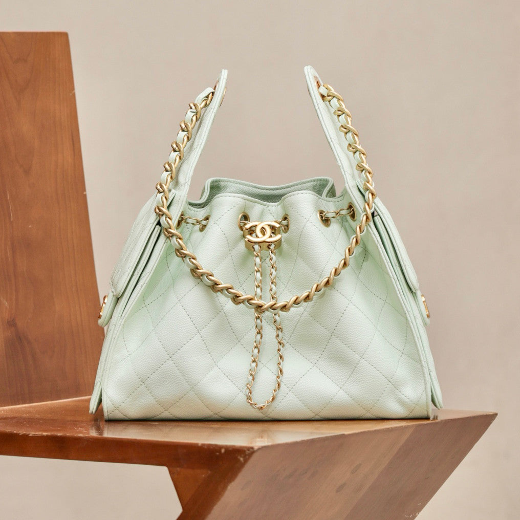 Chanel Women's Fashion Classic Solid Color Leather Logo Drawstring Underarm Bag Chain Handbag Tote Shoulder Bag Bags AS5293-B20304-U2367 Metallic-colored Leather Tends To Fade Easily #78855