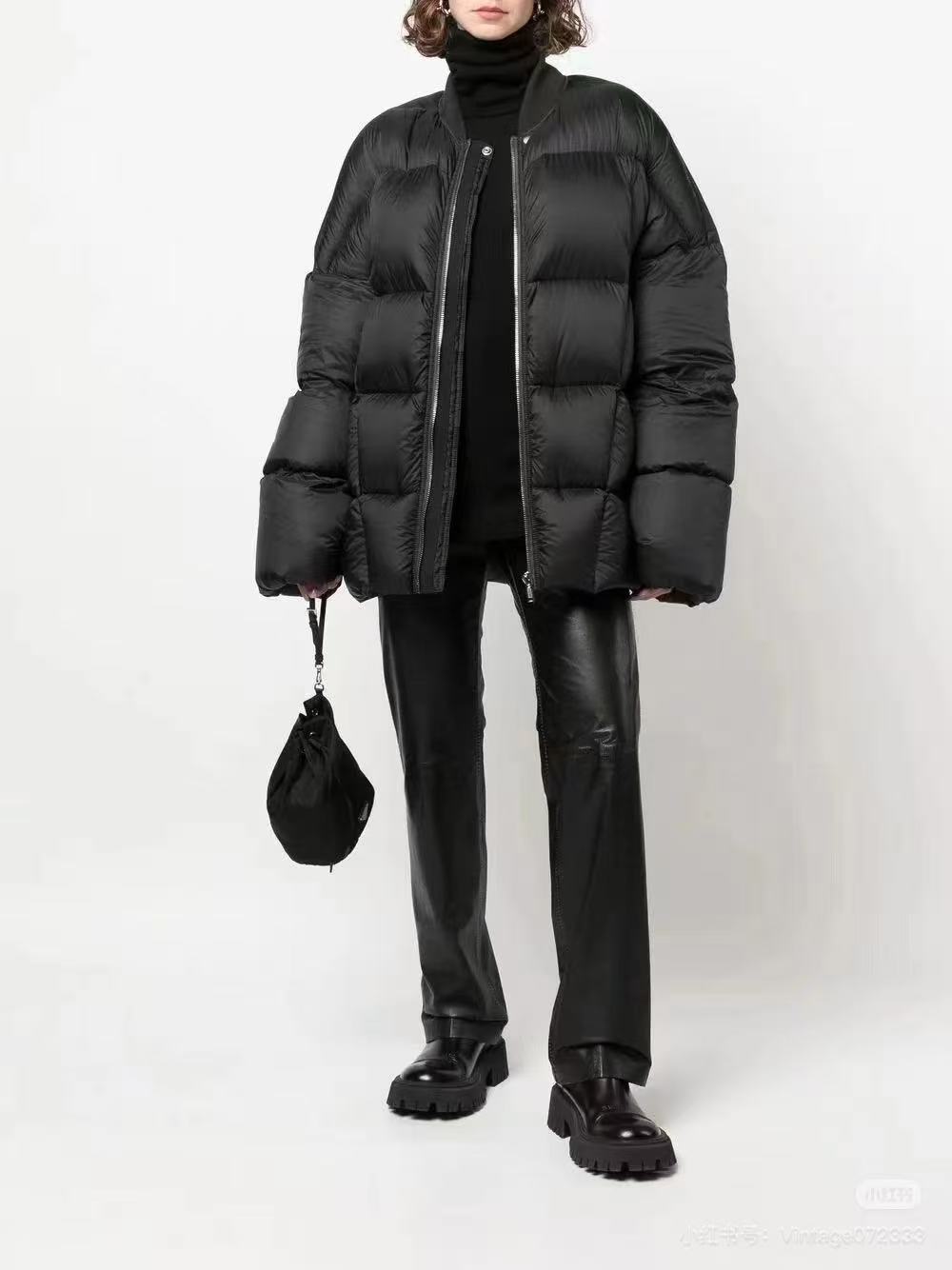 Rick Owens Men's And Women's Fall And Winter Quilted Line Design Simple Loose Thickened Down Jacket Jacket Zipper Black Seko Trend Oversized Jacket Ngvp #2611