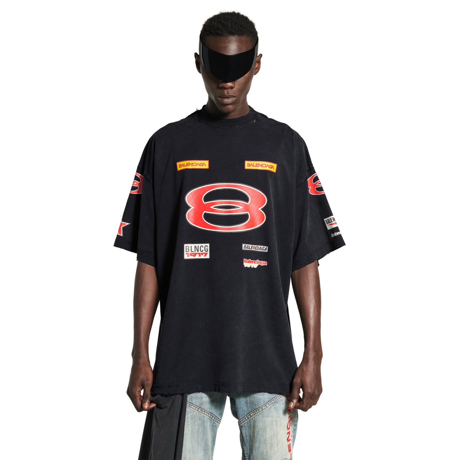 Balenciaga Men's Summer Sponsor Logos Faded Washed Black Silhouette T-shirt Straight Drawstring Casual Shorts Suit Set #81248