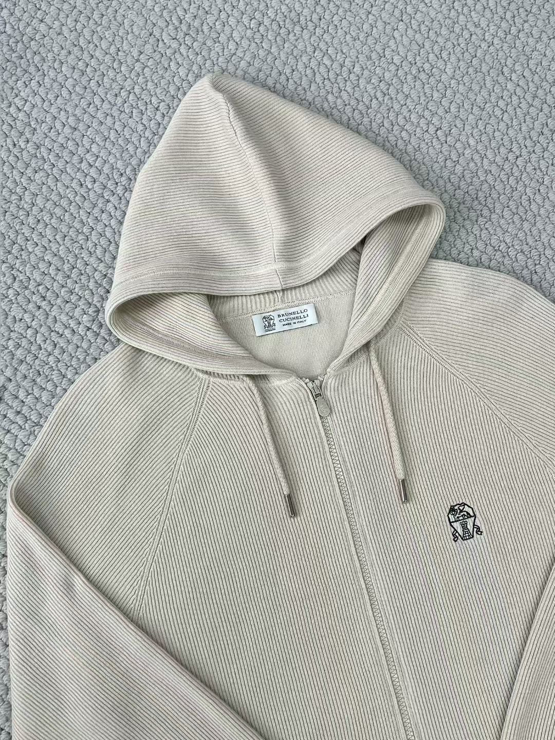 Brunello Cucinelli Men's Spring/autumn Fashion Casual Solid Color Logo Zipper Hoodie Ribbed Cotton Knit Pants Zipper Cuffs Suit Set #78353