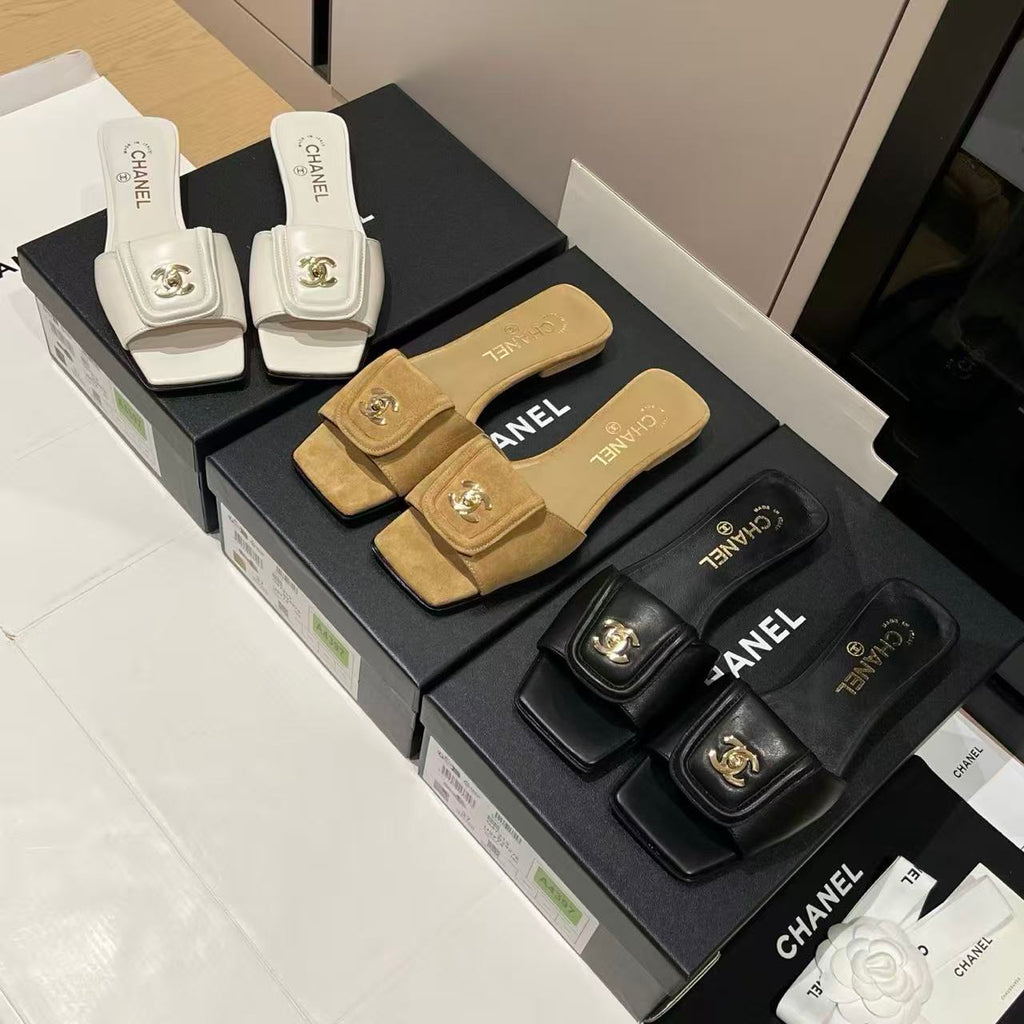 Chanel Gold Lock Square Toe Slippers #379298