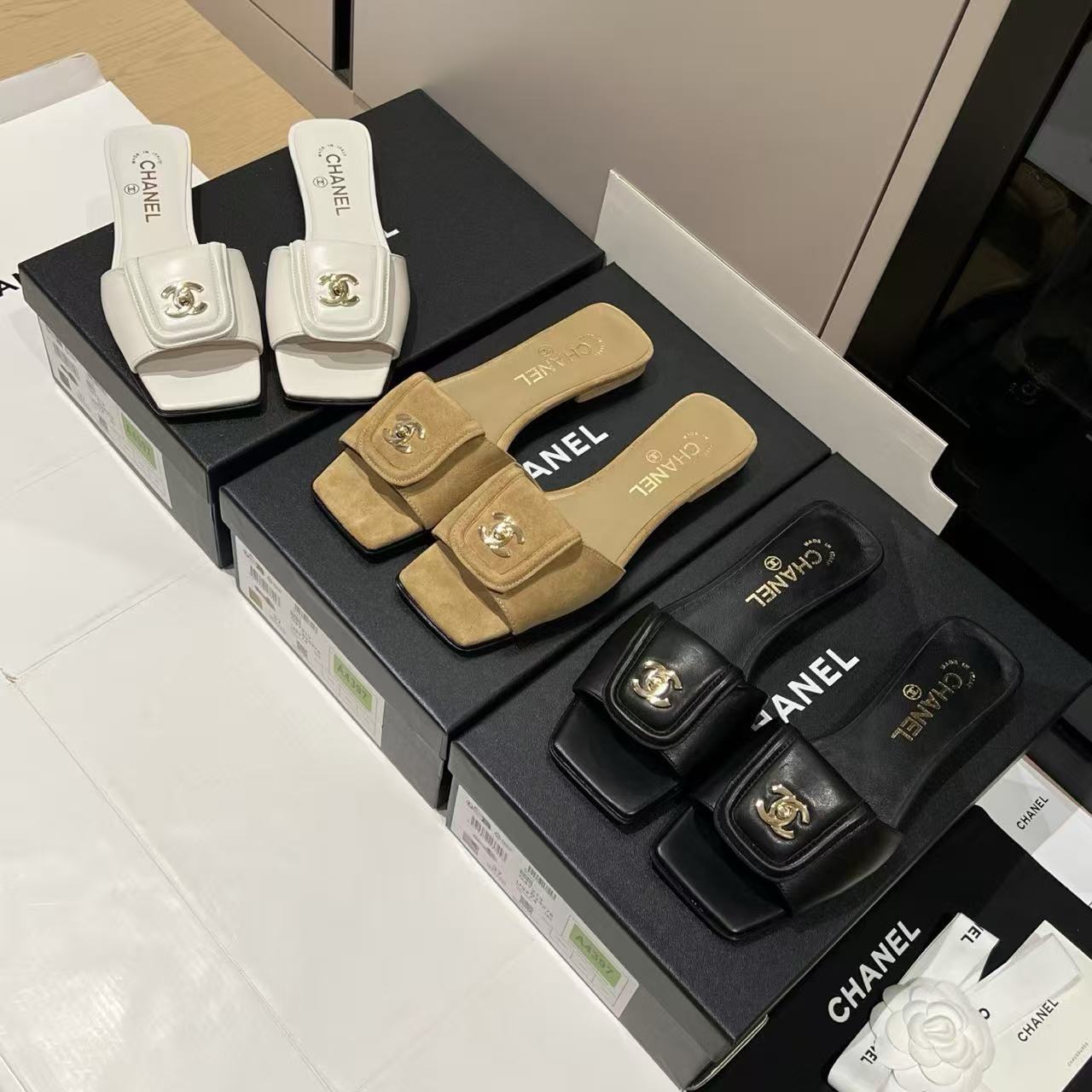 Chanel Gold Lock Square Toe Slippers #379298
