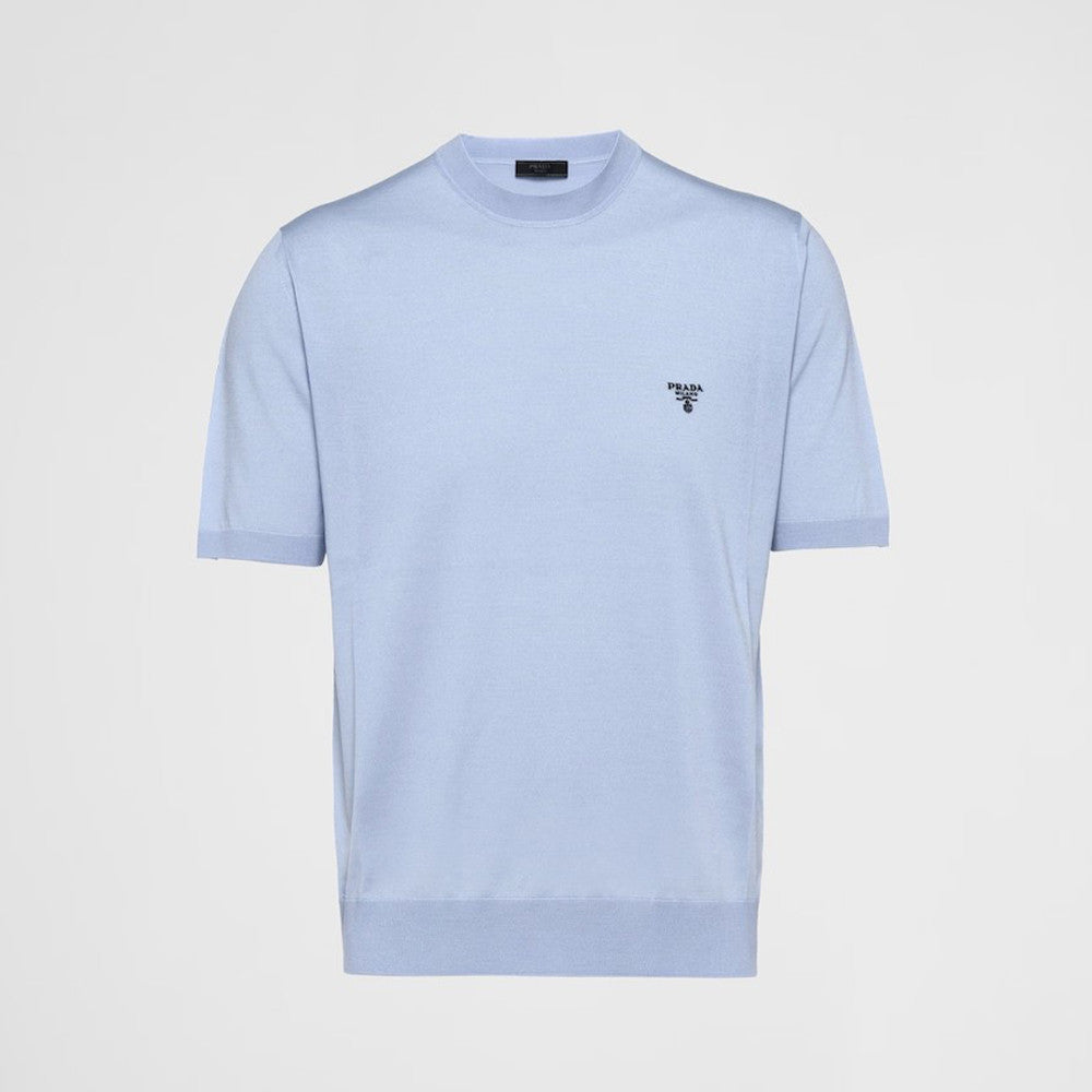 Prada Men's Spring/Summer Solid Color Logo Embroidery Superfine Wool Crew Neck Short Sleeve Sweater #98319