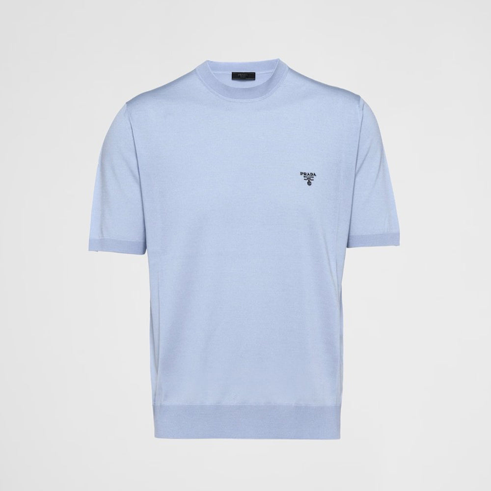 Prada Men's Spring/Summer Solid Color Logo Embroidery Superfine Wool Crew Neck Short Sleeve Sweater #98319