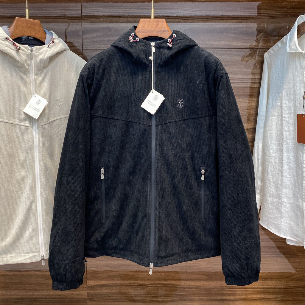Brunello Cucinelli Men's Autumn and Winter Solid Color Corduroy Hooded Zipper Long Sleeve Jacket #72935