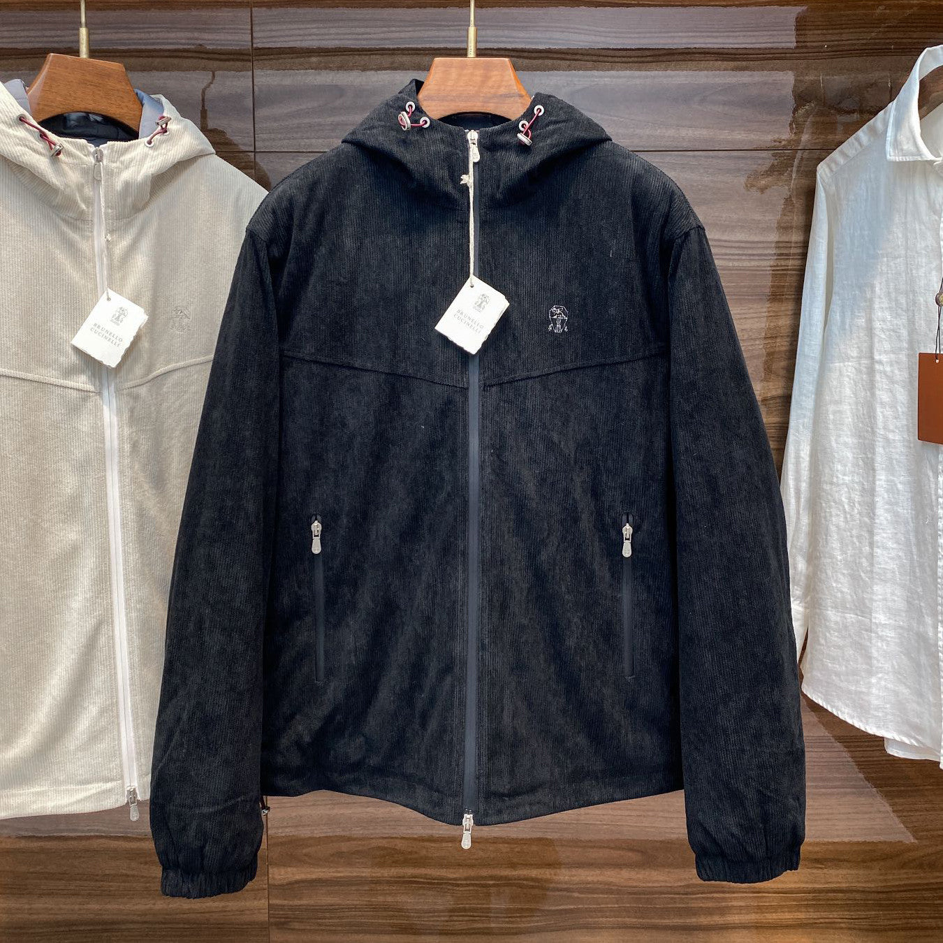Brunello Cucinelli Men's Autumn and Winter Solid Color Corduroy Hooded Zipper Long Sleeve Jacket #72935