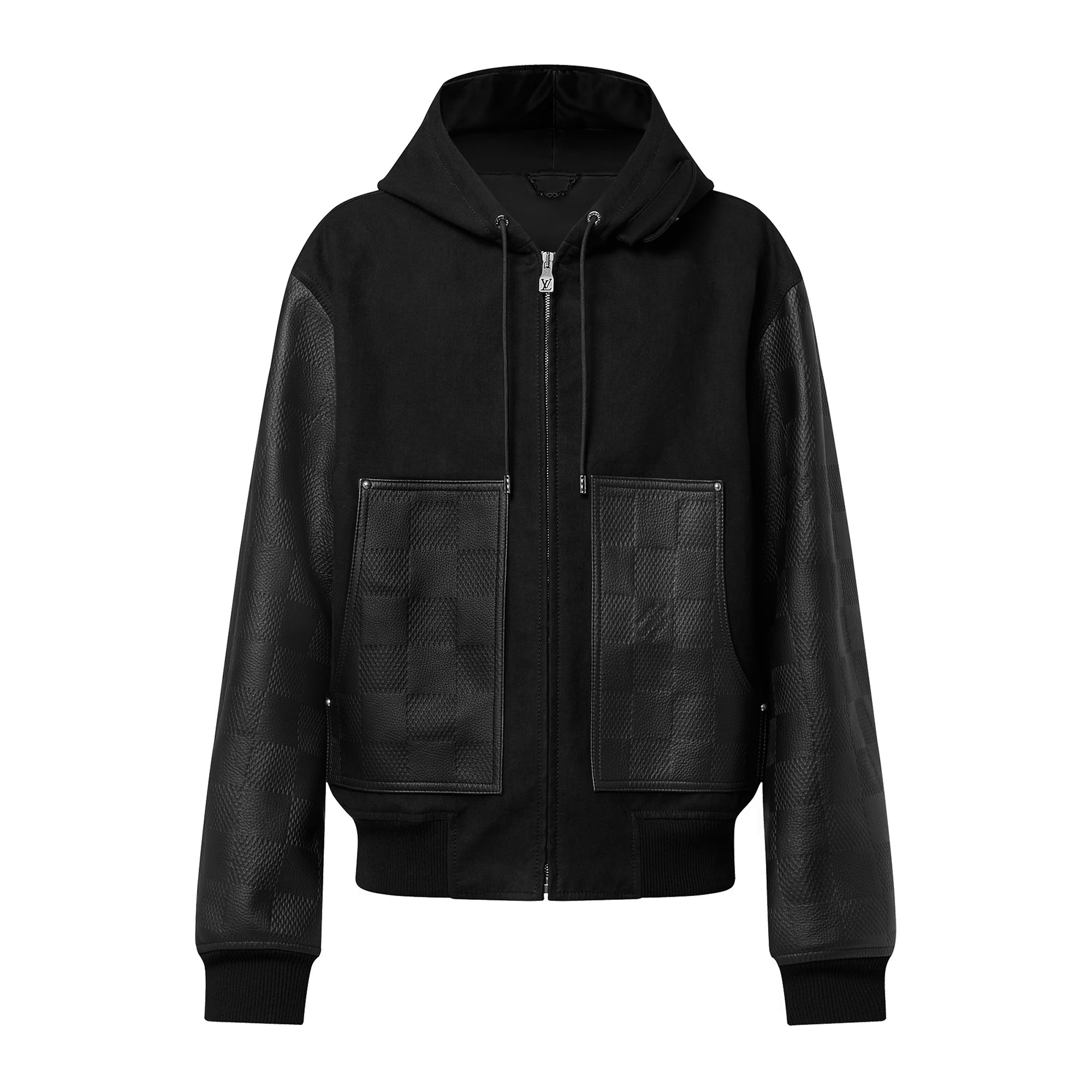 Louis Vuitton Men's Fall And Winter Black Suede Patchwork Hooded Drawstring Zipper Long Sleeve Jacket #73342