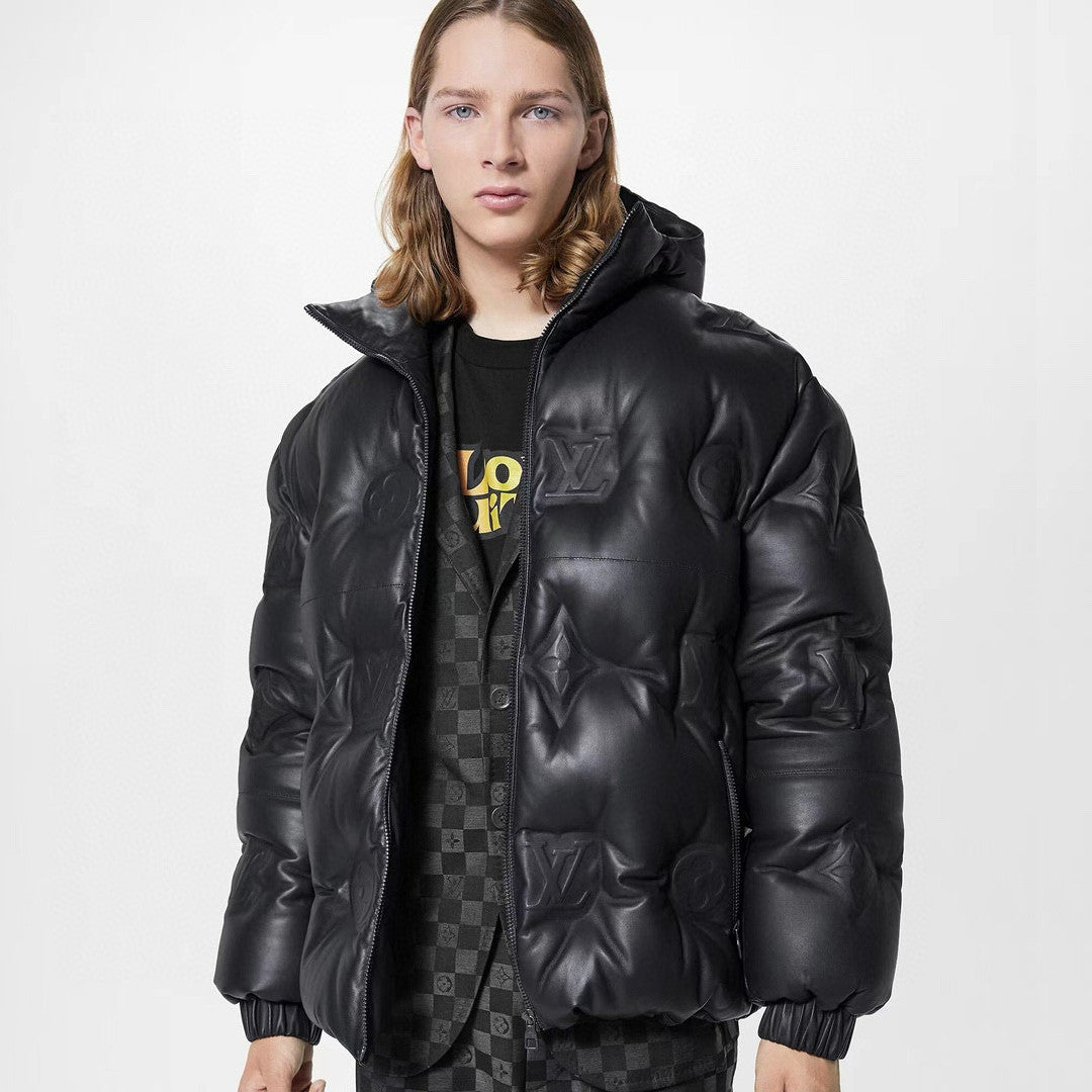 Louis Vuitton Men's Autumn and Winter Solid Color Embossed Printed Hooded Zipper Long Sleeve Puffer Down Jacket #75245