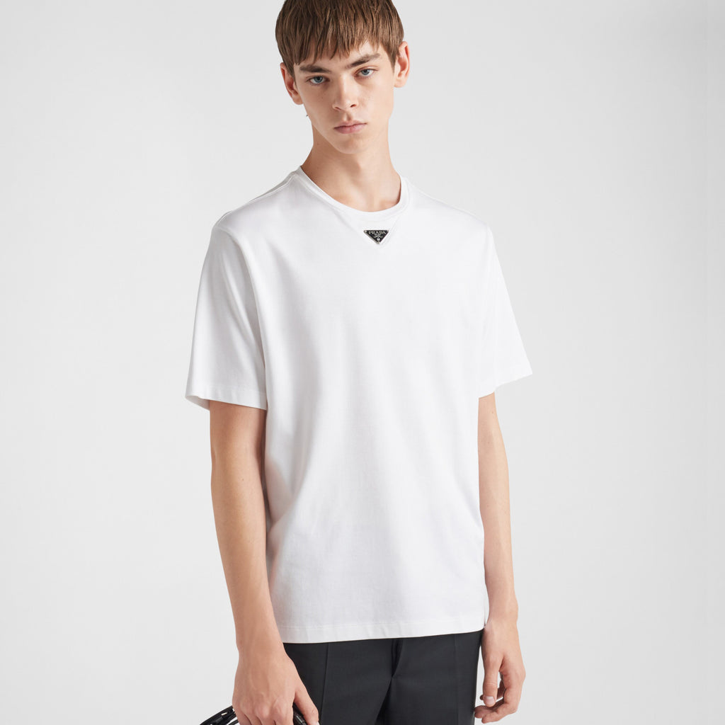 Prada Men's Summer Solid Color Triangle Logo Logo Round Neck Cotton Short Sleeve T-Shirt #75379