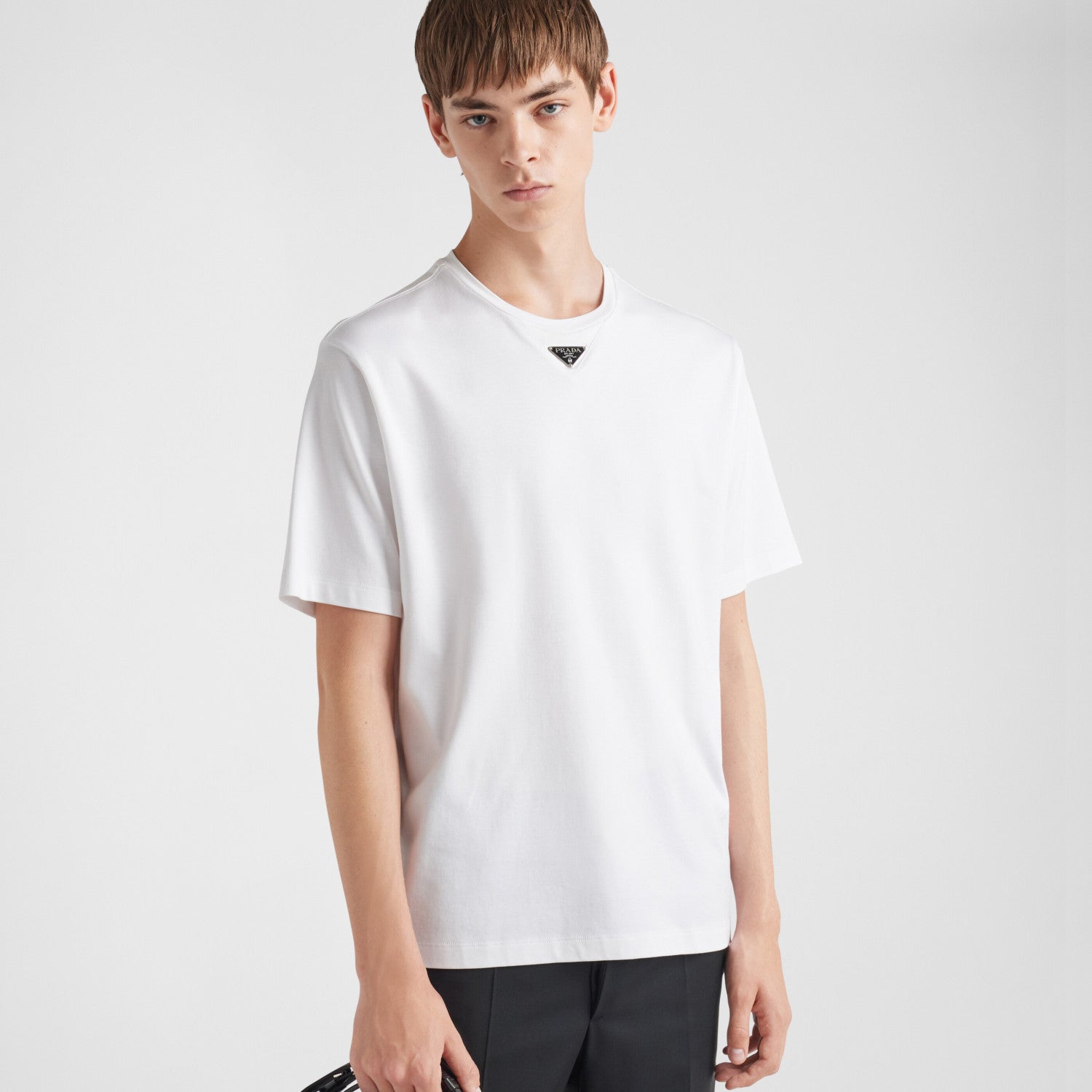 Prada Men's Summer Solid Color Triangle Logo Logo Round Neck Cotton Short Sleeve T-Shirt #75379