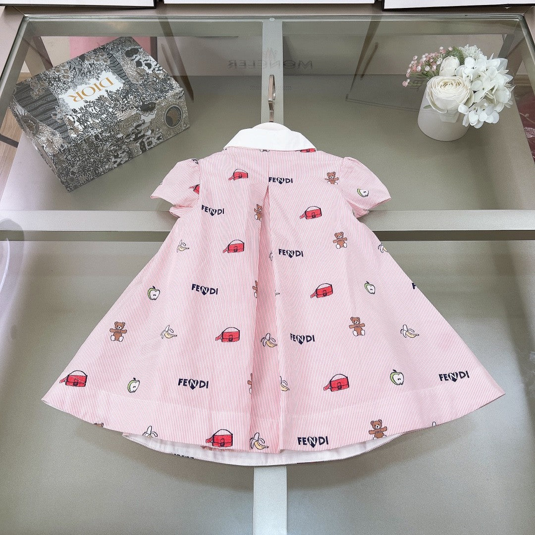 Fendi Kid's Spring And Summer Pink Letter Print Lapel Short-Sleeved Casual Dresses #31256