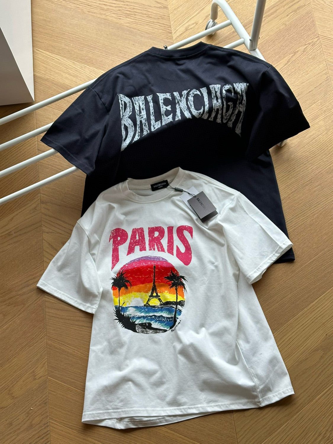 Balenciaga Paris Tropical Men's and Women's Black and White Vintage Plain Knit Medium Fit Short Sleeve T-Shirt #99154