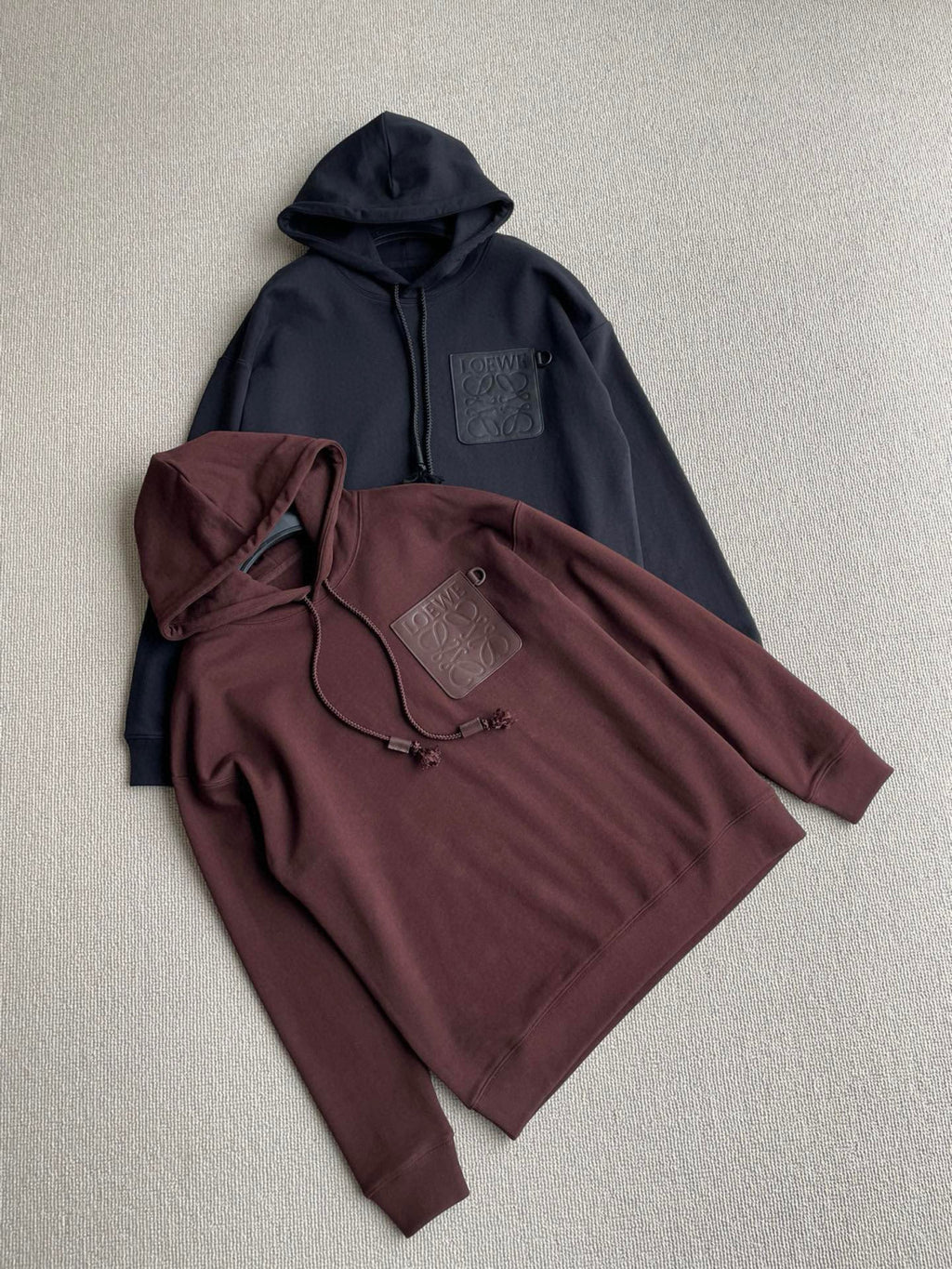 Loewe Men's Spring & Autumn Solid Color Logo Leather Label Drawstring Hooded Sweatshirt Pullover #98912
