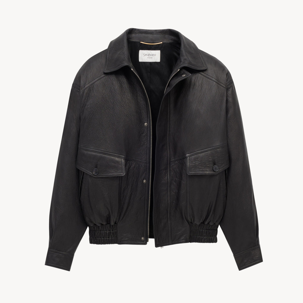 SAINT LAURENT  Men's & Women's Fall/Winter Fashion Classic Solid-Color Leather Lapel Zipper Button Leather Flight Jacket Leather Jacket #78841