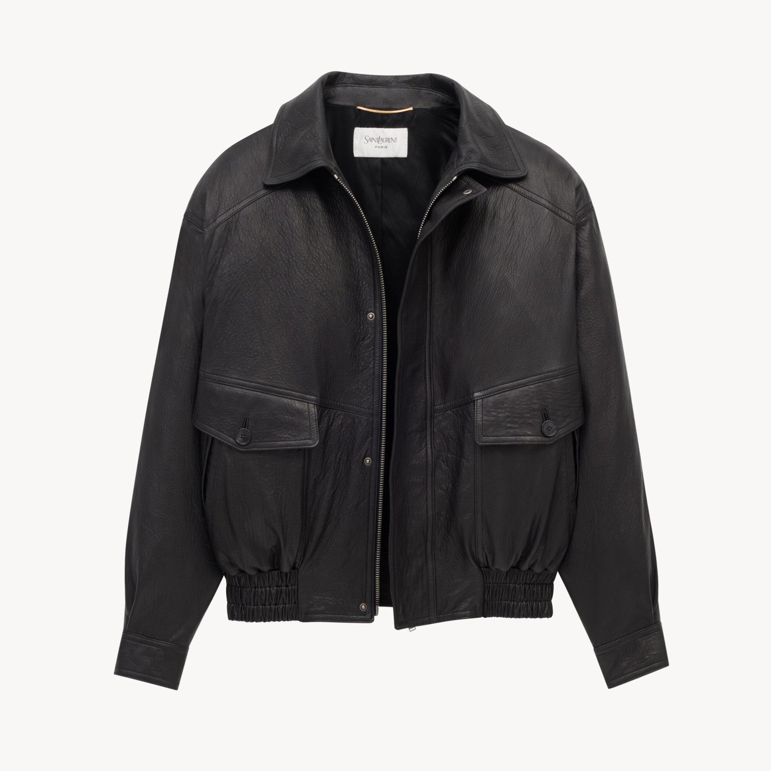 SAINT LAURENT  Men's & Women's Fall/Winter Fashion Classic Solid-Color Leather Lapel Zipper Button Leather Flight Jacket Leather Jacket #78841