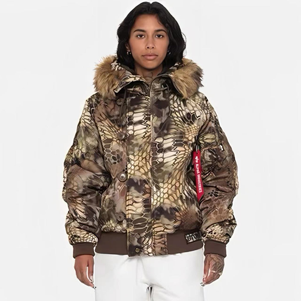 Stussy Men's And Women's Fall And Winter Fashion Python Print Hooded Fur Collar Short Jacket Casual Thickened Jacket Ngvp #7653