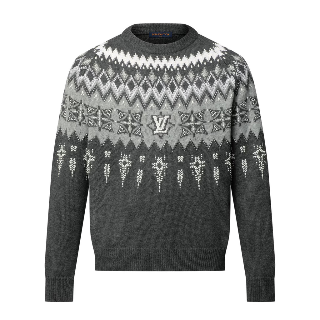 Louis Vuitton Men's Spring & Autumn Crew Neck Gray & White Embellished Cotton Wool Knit Sweater #74322
