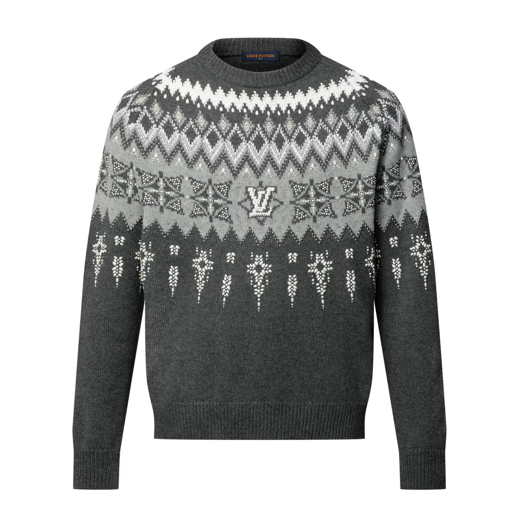 Louis Vuitton Men's Spring & Autumn Crew Neck Gray & White Embellished Cotton Wool Knit Sweater #74322